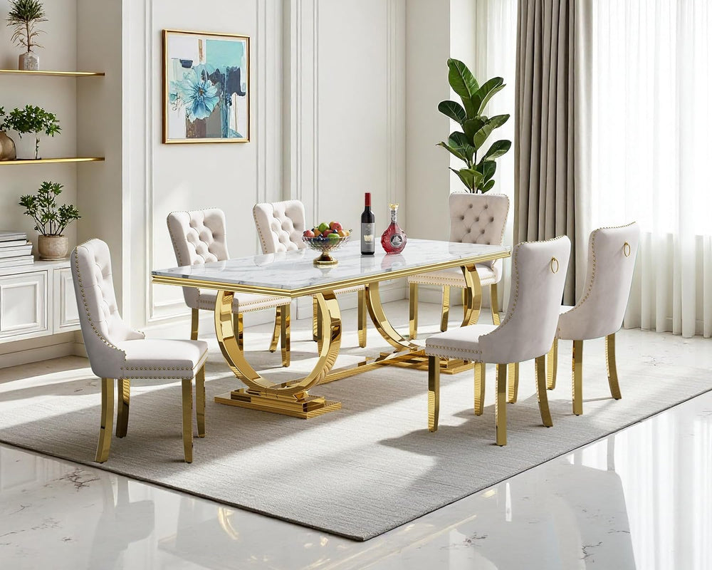 7 Piece Dining Table Set, White Faux Marble Dining Table with 6 Beige Velvet ...