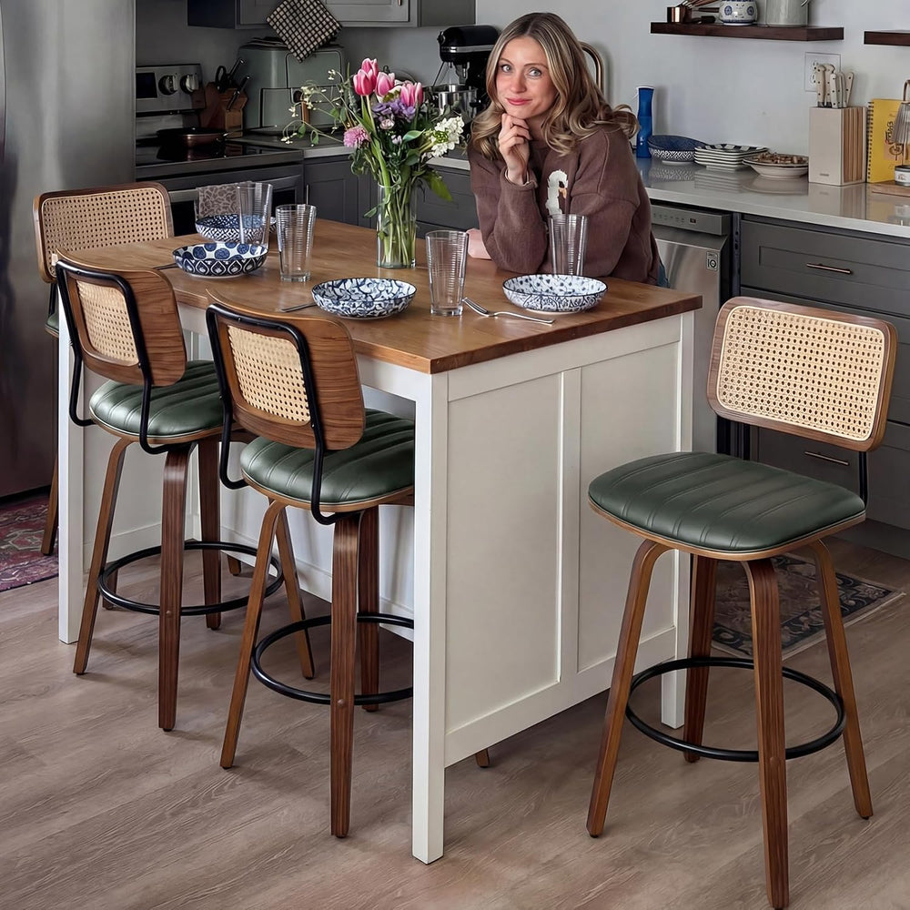 30 inch Kitchen Bar Stools, Mid Century Modern Rattan Swivel Bar Stools