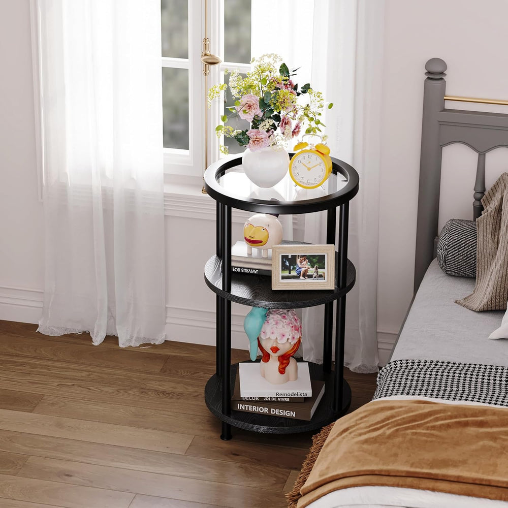 Homeiju Glass Side Table, 3-Tier Glass End Table with Adjustable Feet, Bedsid...