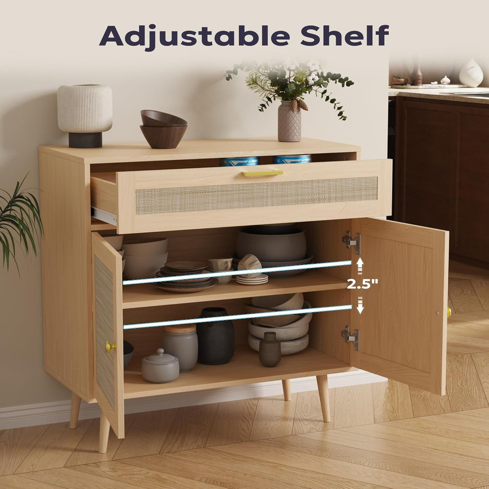Furnify Rattan Sideboard Buffet, Boho Kitchen Cabinet with Drawer & 2 Doo...