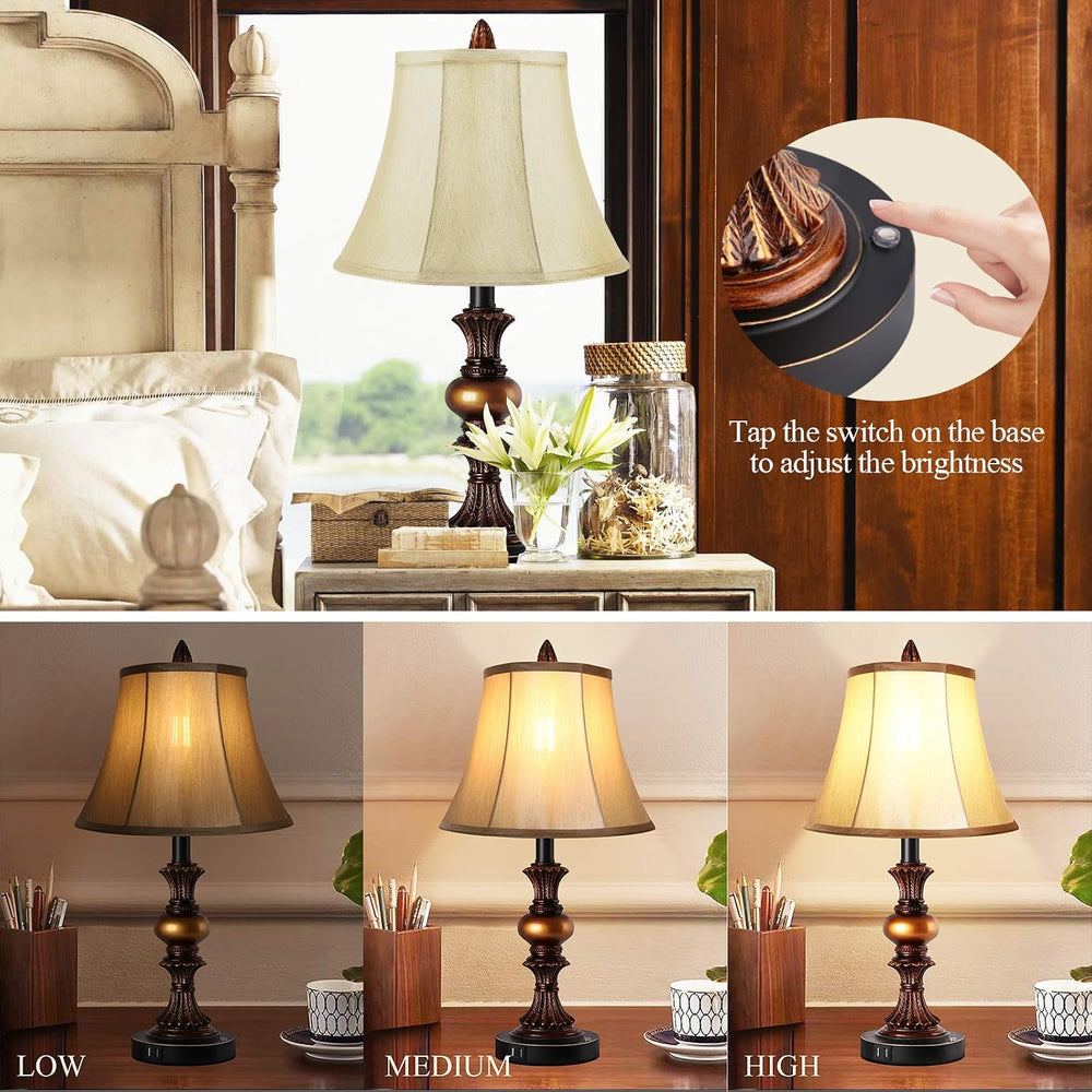 Touch Control Traditional Table Lamp Set of 2, Vintage Bedside Lamps with Dua...
