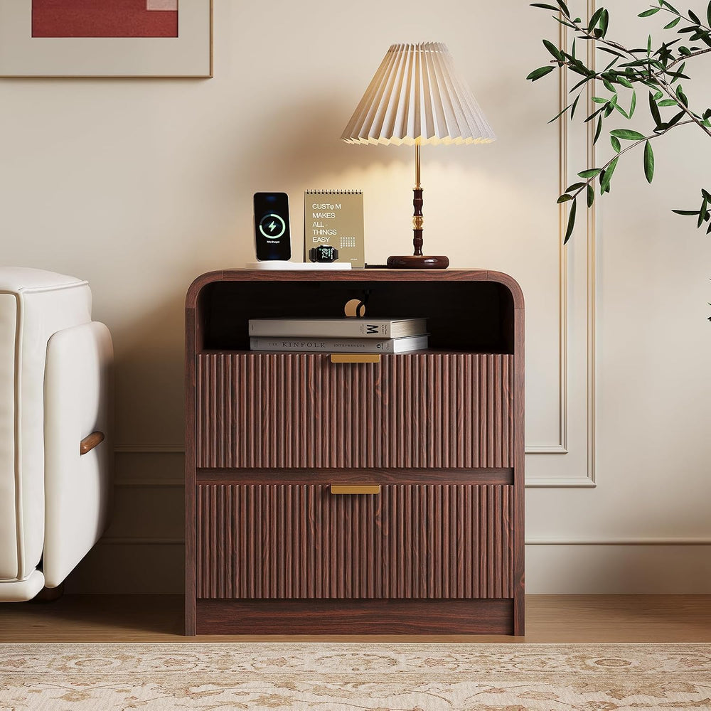 FURSUN 24" Fluted Nightstand with Charging Station, Wooden End Table wit...