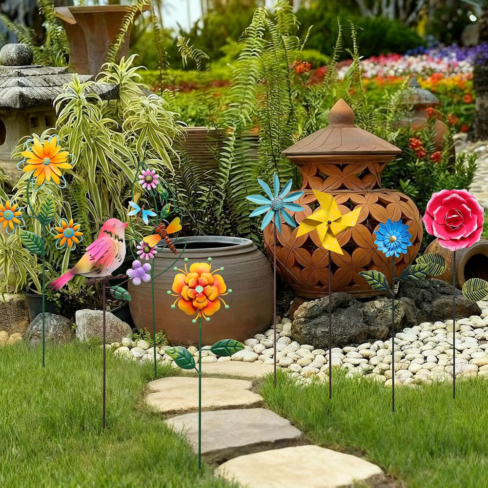 8 Pcs Metal Flower Yard Art 5d Garden Stakes 14 in Outdoor Decor