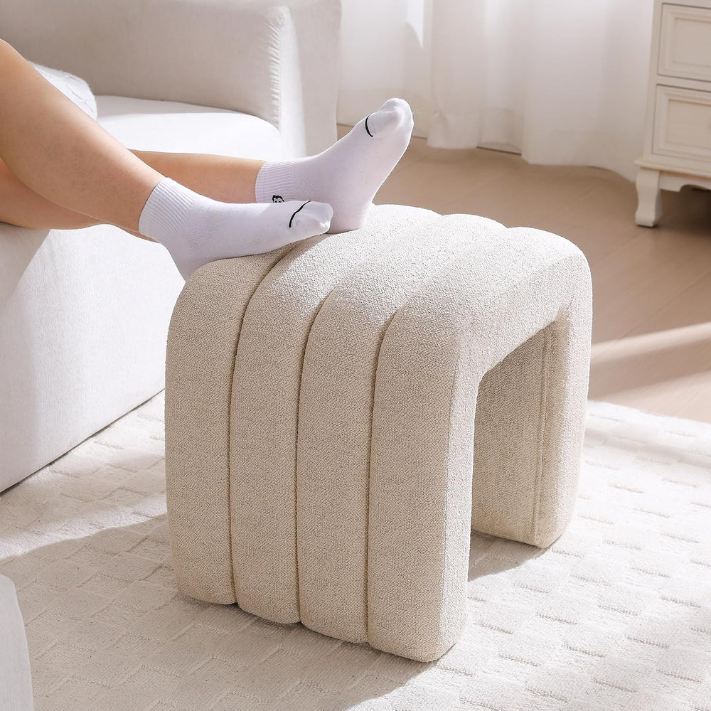 Beige Linen Ottoman Stool, Backless Vanity Stool, Footrest for Couch