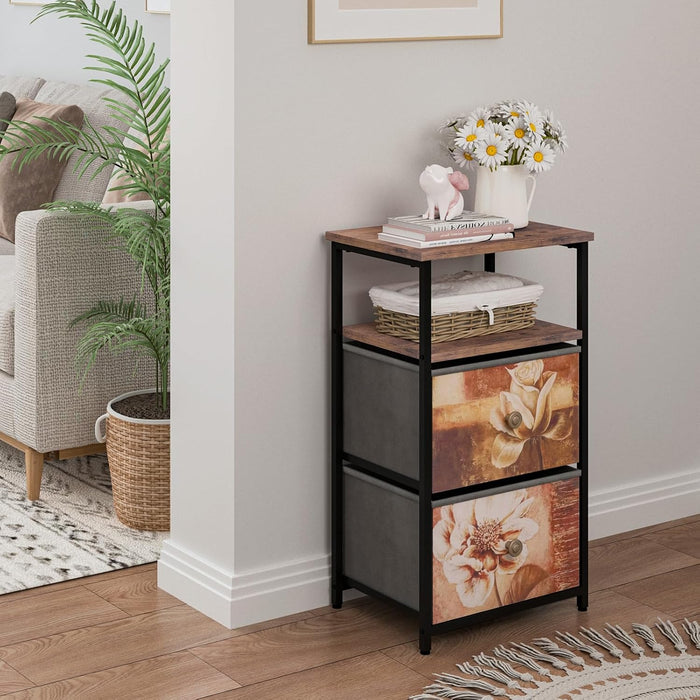 ALBAD Nightstand with Charging Station and LED Lights, Brown Flower Drawers | End Table with USB Ports and Outlets, 2 Fabric Drawers and Open Top Shelf, for Bedroom Bedside, Living Room, Dorm