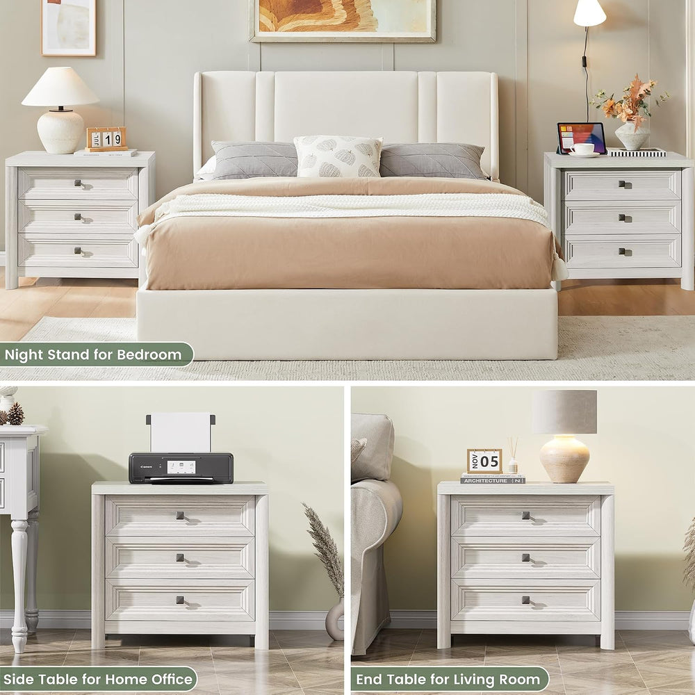 White Nightstand with 3 Drawers, Wood Night Stand with Metal Knobs, Farmhouse...