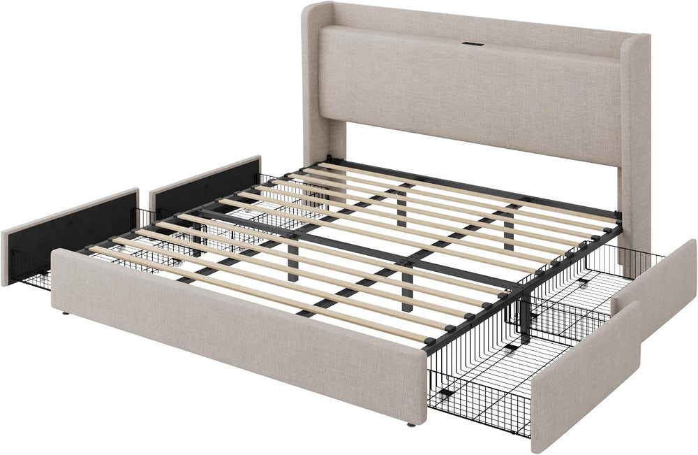 SHA CERLIN King Size Storage Bed Frame with 4 Oversized Drawers, Modern Wingb...