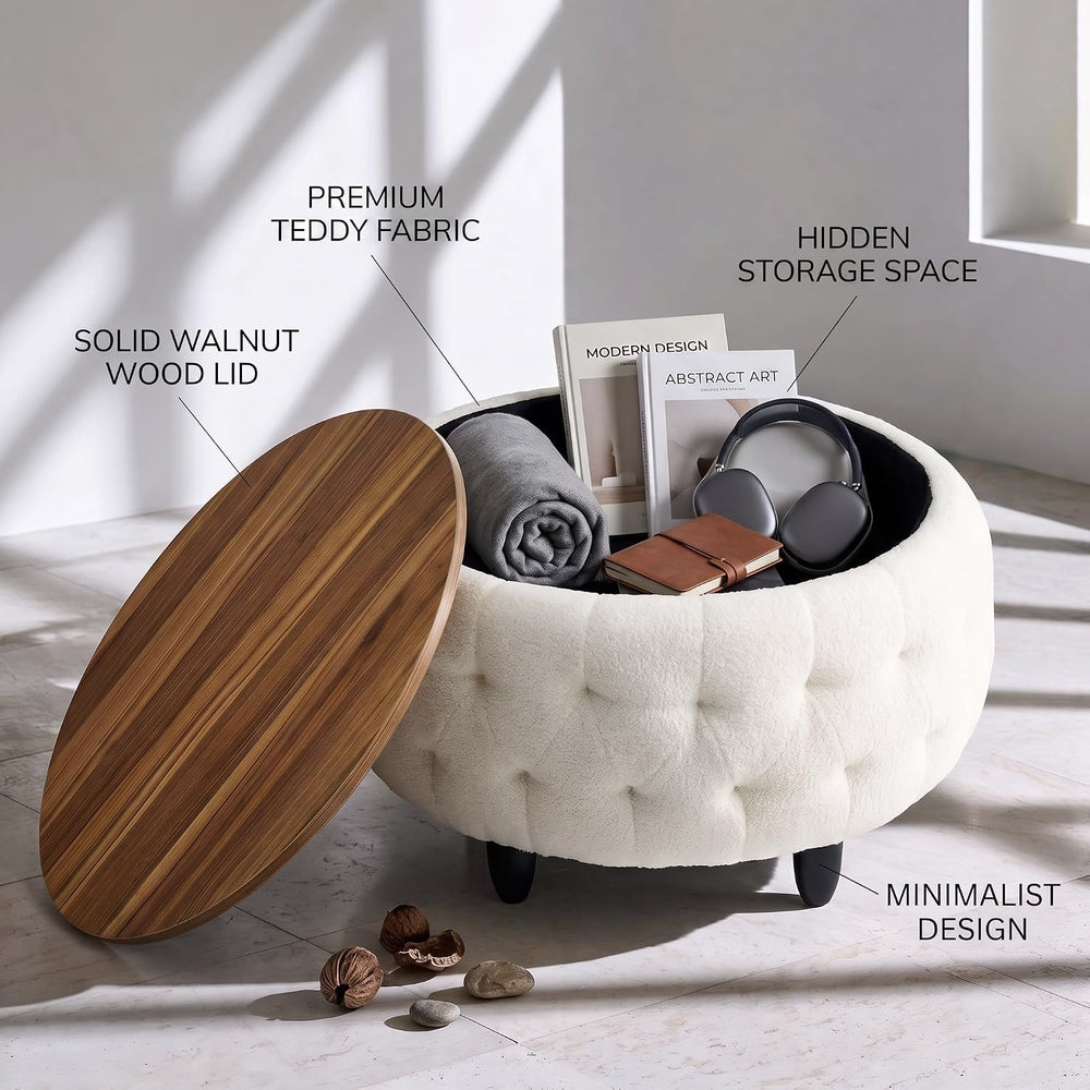 Large Round Storage Ottoman Coffee Table with Wooden Tabletop, 32 Inches Tedd...
