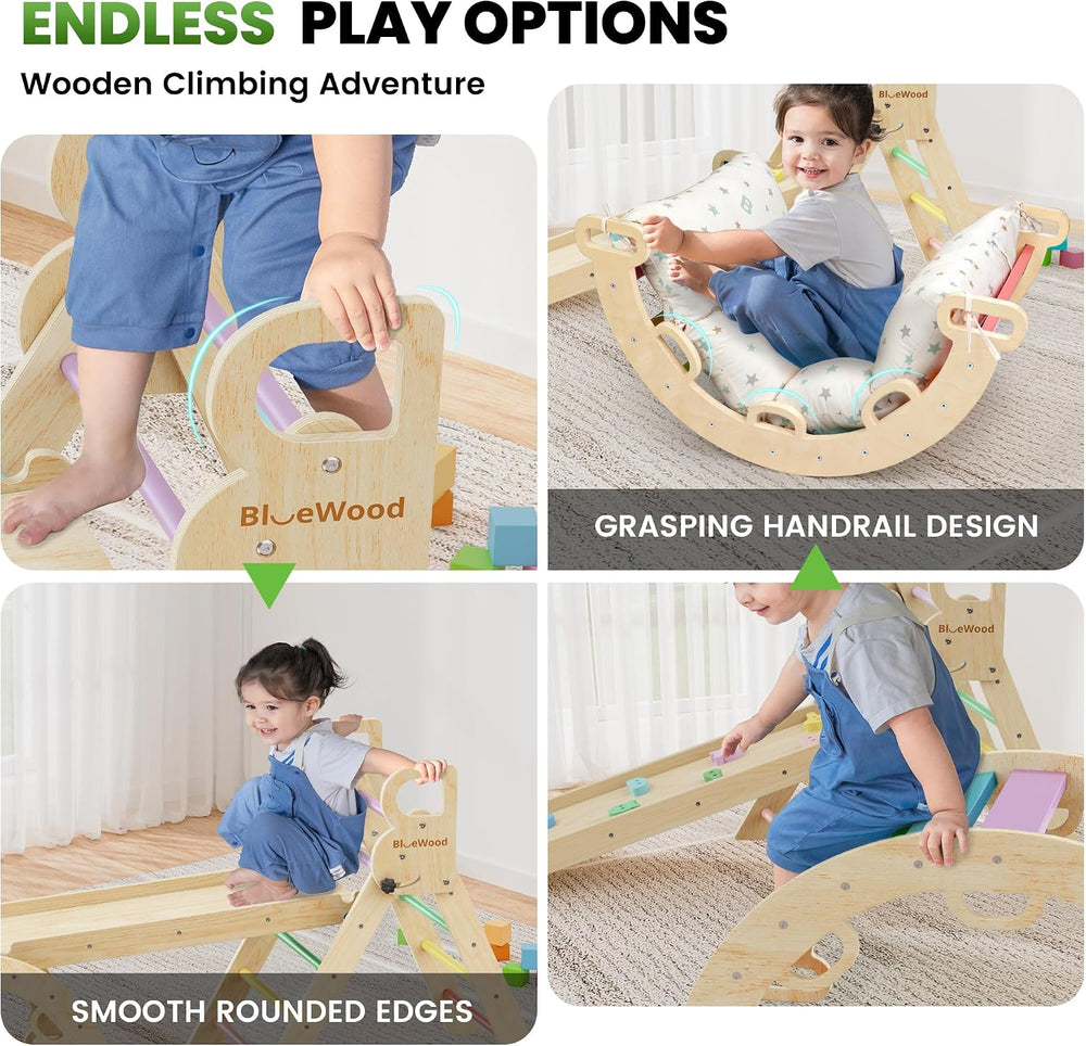 BlueWood Pikler Triangle Set Rainbow with Cushion and Wooden Busy Board