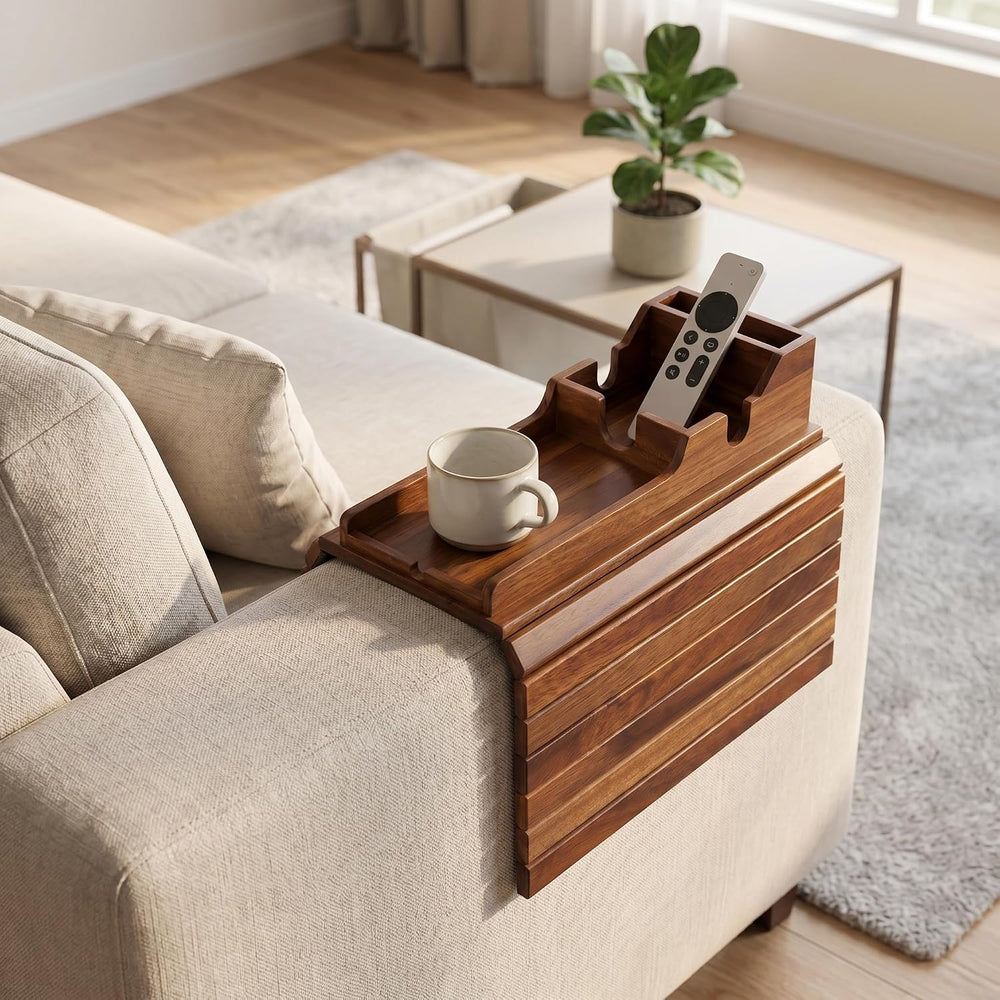 Acacia Couch Armrest Table, Over the Couch Arm Tray with Removable Couch Cup ...