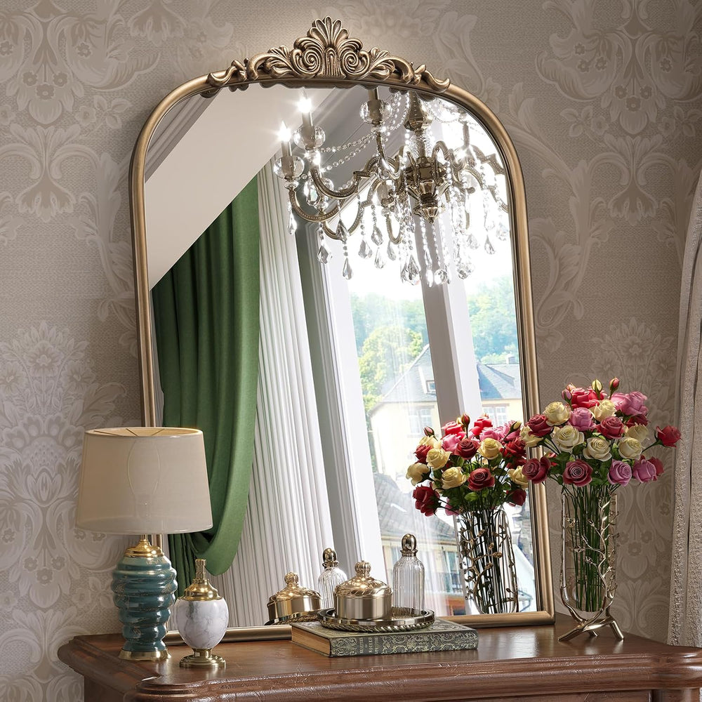 24" x 36" Antique Gold Arched Mirror for Wall, Baroque Vintage Bras...