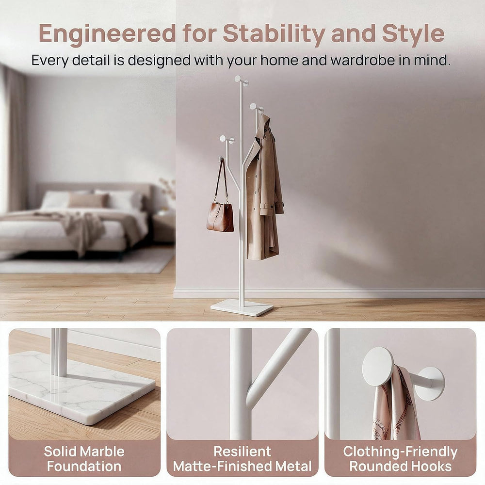 Modern White Coat Racks Freestanding with 8 Hooks, Coat Tree for Entryway