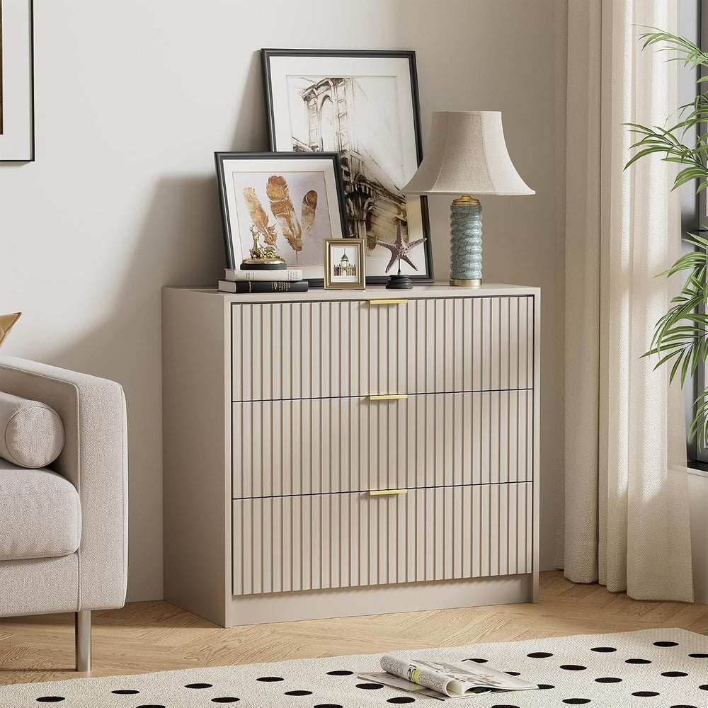 Beige 3 Drawer Modern Fluted Dresser for Bedroom with Gold Handles