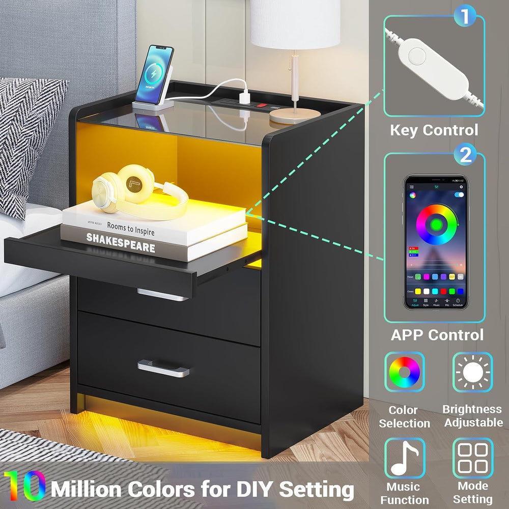 AOGLLATI LED Nightstands Set of 2 with Charging Stationand Glass Top | Black ...