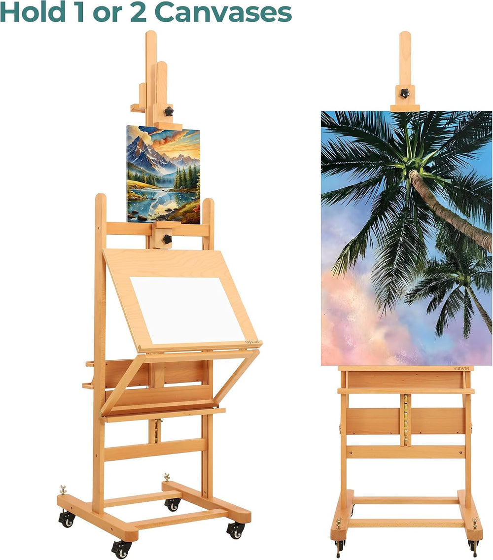 VISWIN Double-Sided Easel & Drafting Table, Hold 1 or 2 Canvas, Solid Bee...
