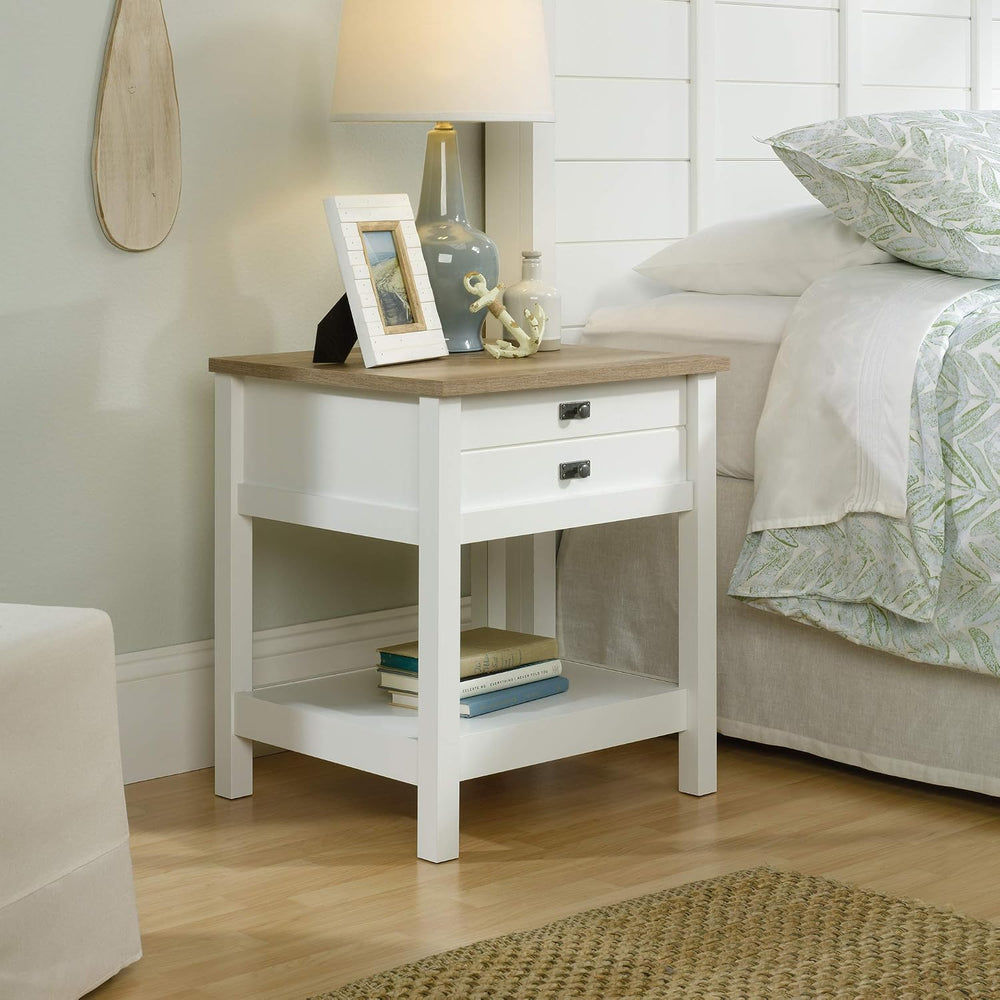 Sauder Cottage Road Nightstand, Farmhouse Style, Soft White with Oak Top