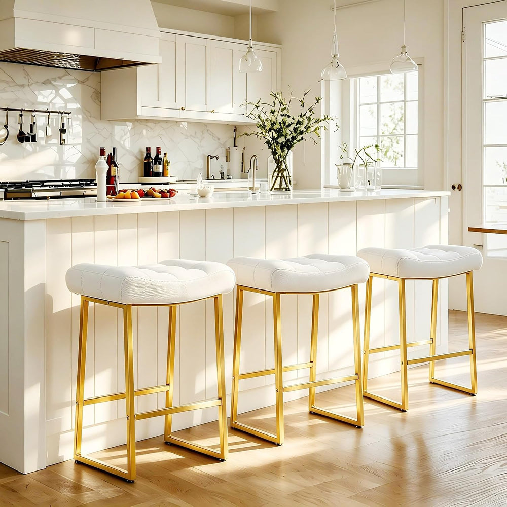 RNKSFX White & Gold Counter Height Bar Stools Set of 3 for Kitchen Counte...