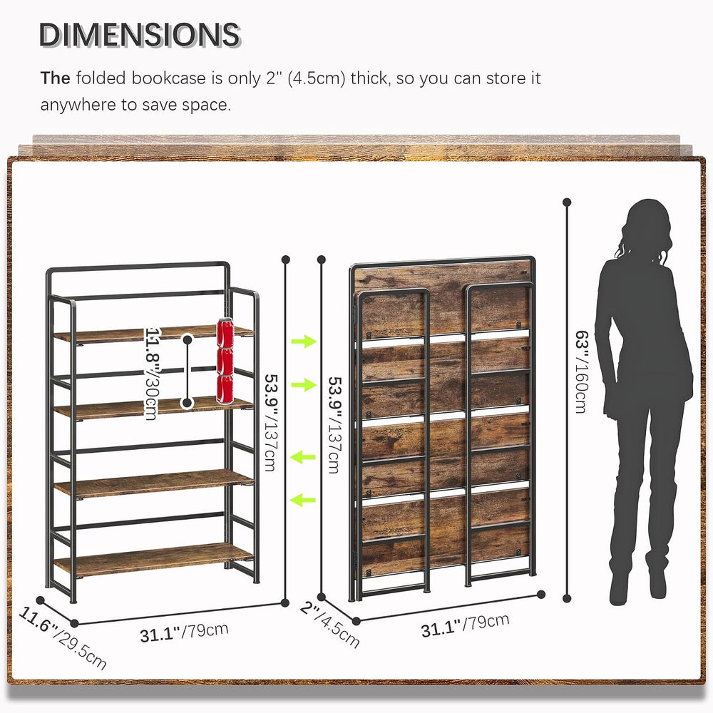 4NM No Assembly Extra Wide 4 Tier Folding Bookshelf Storage Shelves Vintage B...