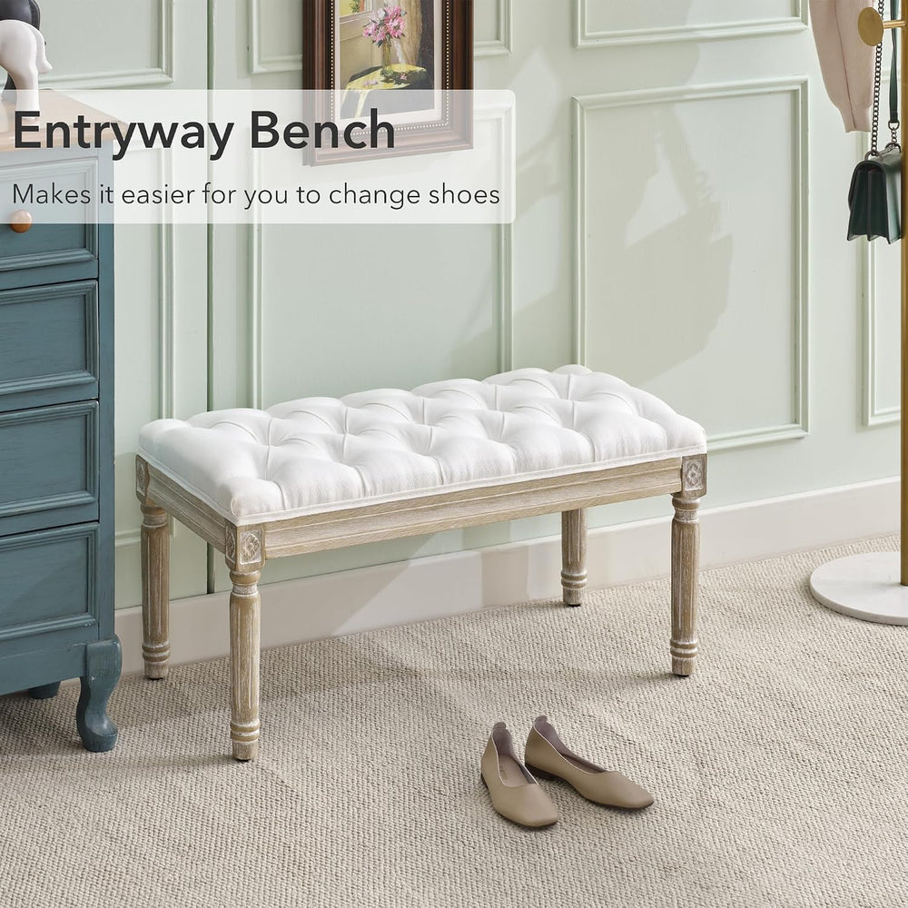 LOULENS French Vintage Bench, Linen Fabric Entryway Bench, Upholstered Tufted...