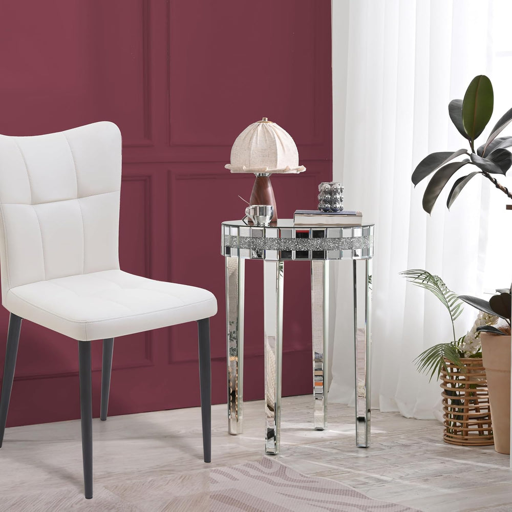 19.7" Mirror Side Table Round End Table with Crushed Diamond and Glass T...