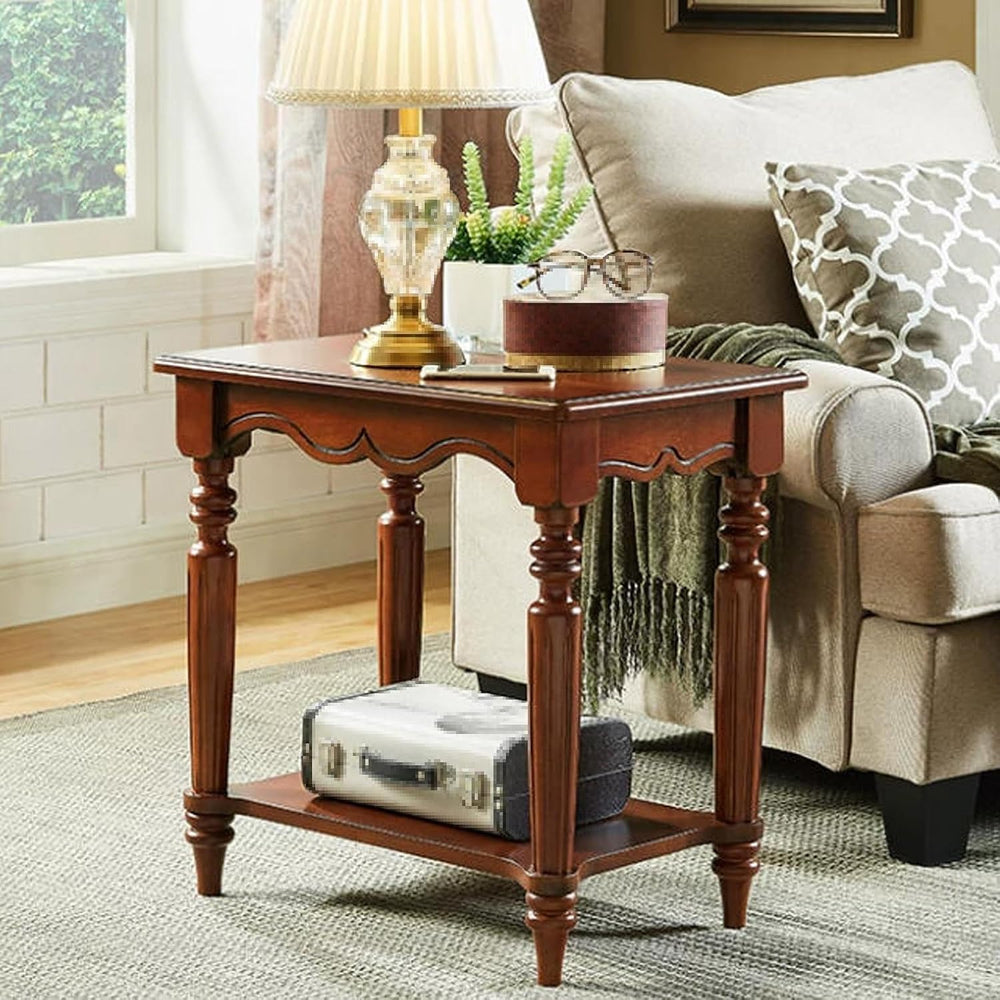 Solid Birch Wood 2-Tier End Table, Classic European Rectangle Side Table with...