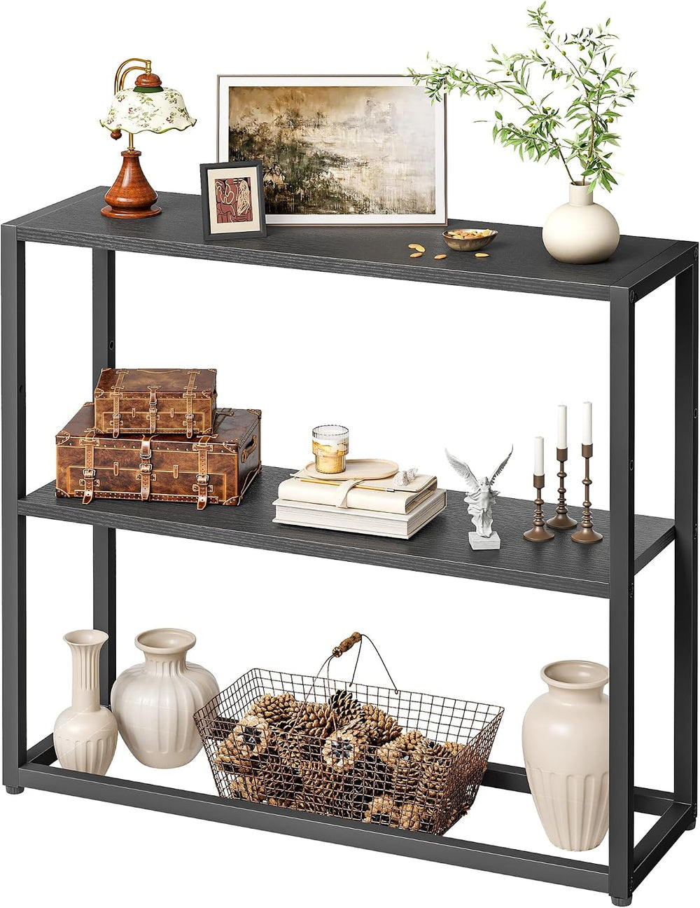TIQLAB Small Entryway Table, 29.5" Narrow Console Table with Shelves, Bl...