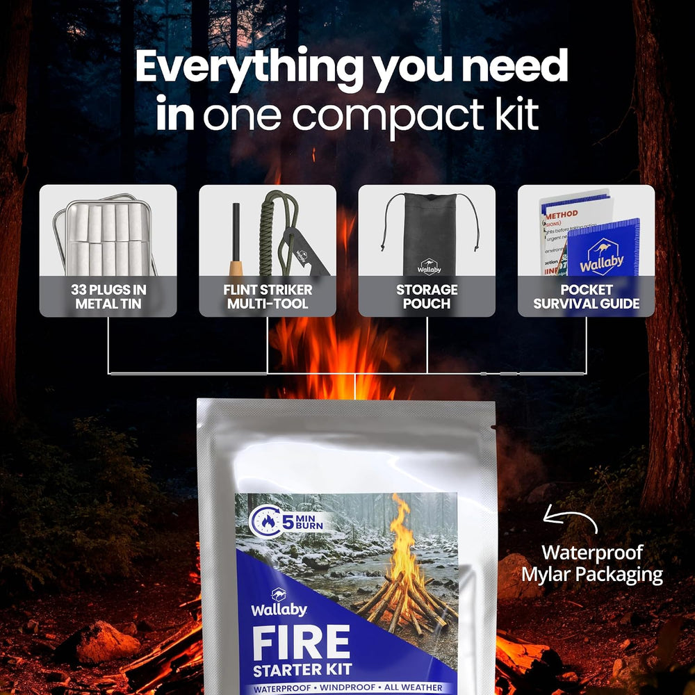 Wallaby Waterproof Emergency Fire Starter Kit & Flint Rod Striker (33-pack)