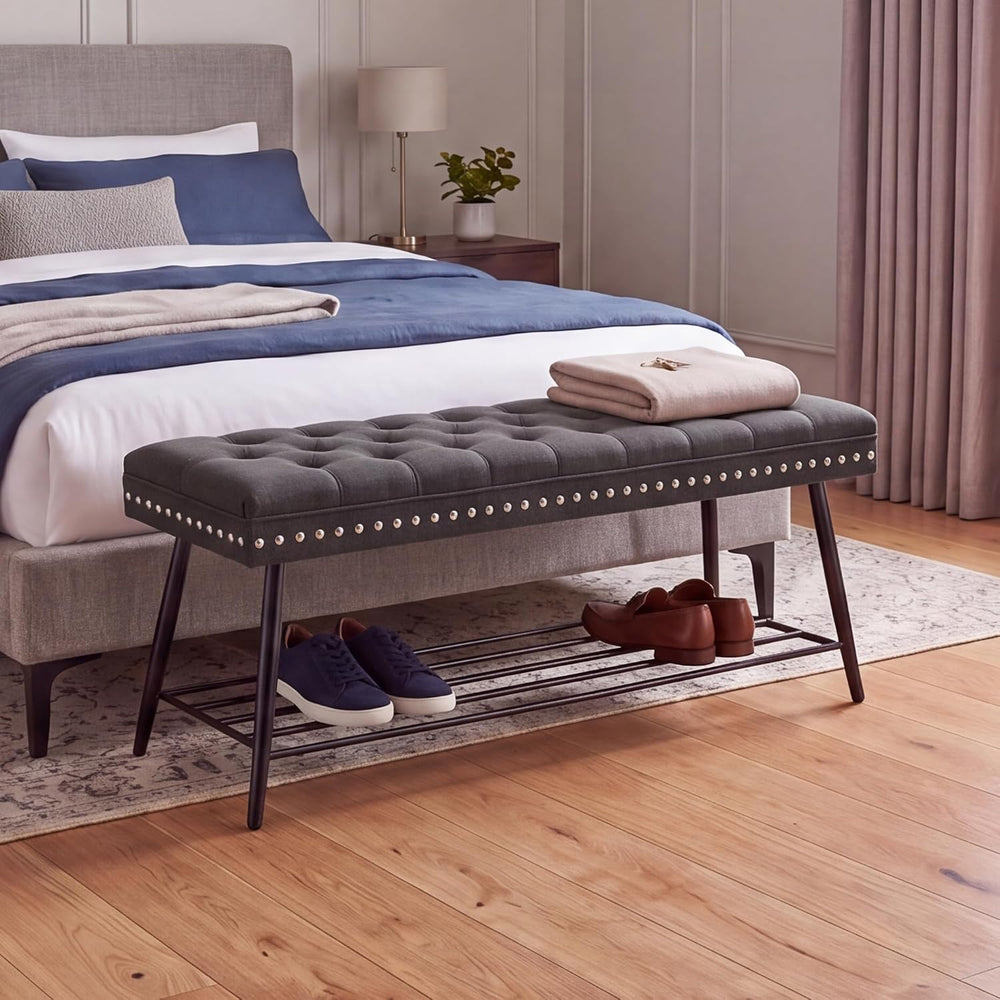 Mistpople Thick Cushioned Shoe Bench, Entryway Bench with Metal Shoe Rack, Up...