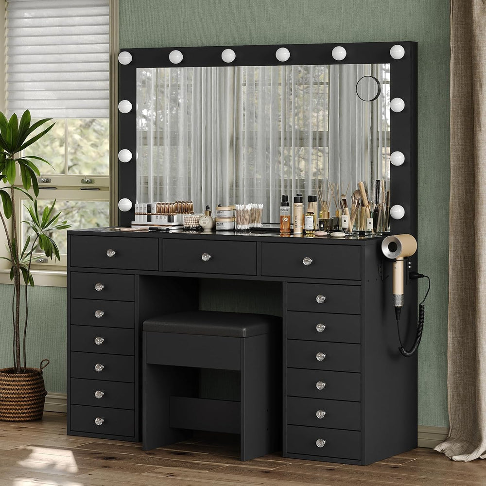 FUSOU 15 Drawers Vanity Desk with Mirror and Lights, Black | 47'' Mak...