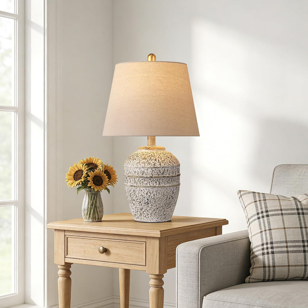 Farmhouse Ceramic Table Lamp, Natural Distressed Earth Tone Finish, Grey