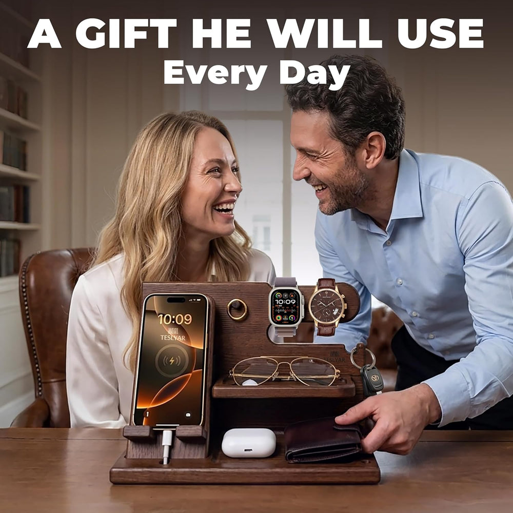 TESLYAR Wood Phone Docking Station for Men - Desk or Nightstand Organizer - B...
