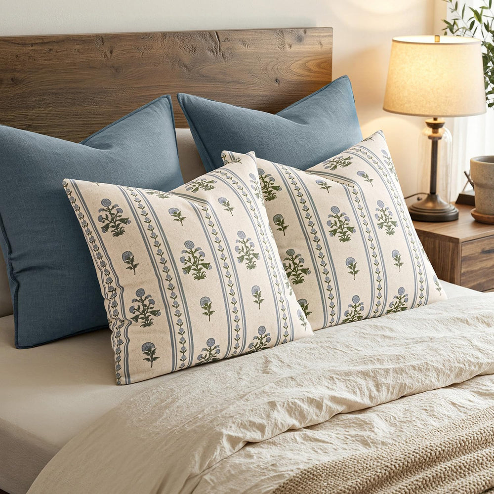 Striped Floral Throw Pillow Covers 18x18 Inch Set of 2 Blue Green
