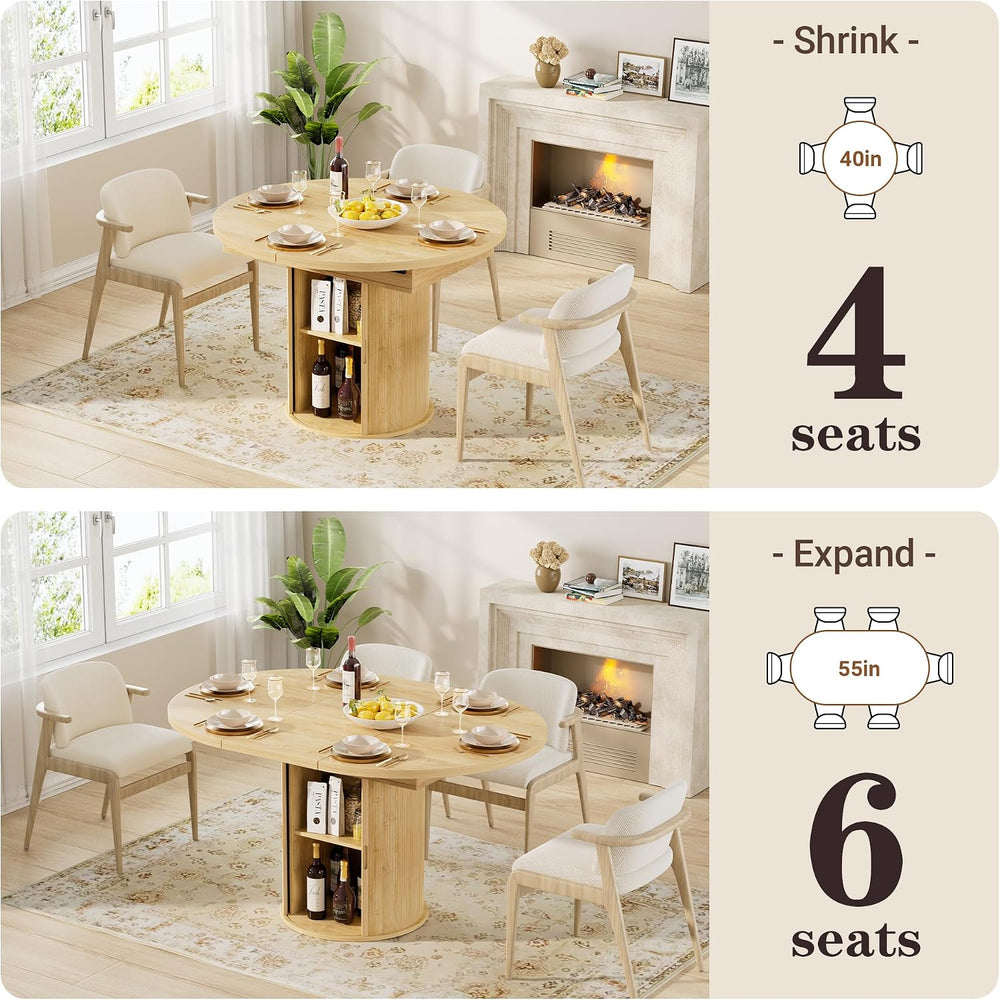40-55in Extendable Round Table for 4-6, Multi-Use Oval Dining Table with Hidd...