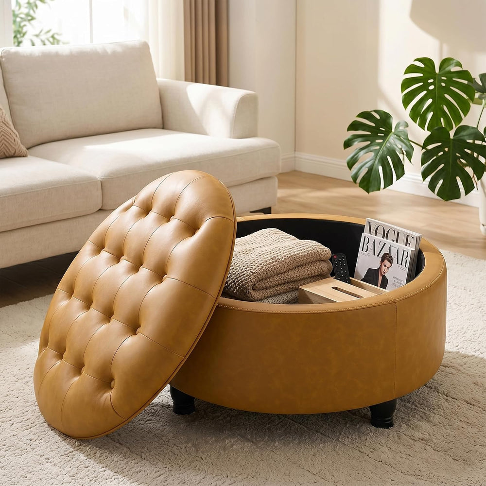 30-Inch Round Storage Ottoman, Leather Ottoman (Bright Orange) | Button Tufte...