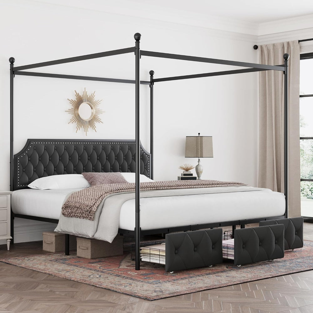 Keyluv King Upholstered Canopy Bed Frame with 3 Storage Drawers & Button ...