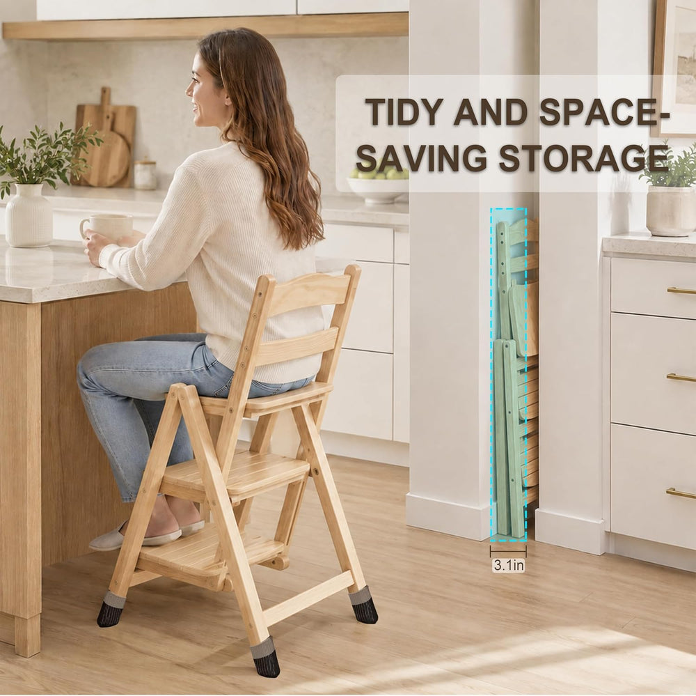 Folding Bar Stool, 3 Step Portable Adults Solid Wood Ladder Stool, Wood