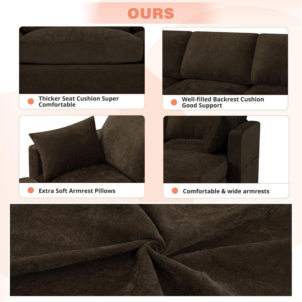 84” Chenille 3-Seats Sofa W/Movable Ottoman, Brown | Modern Fabric L-Shaped C...