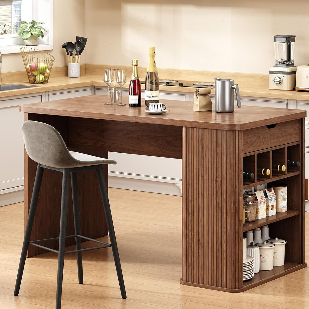 ONBRILL 61 Inch Fluted Kitchen Island with Storage Walnut | Counter Height Ta...