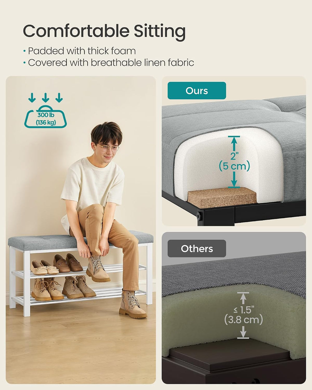 SONGMICS Shoe Bench, Storage Bench, Entryway Bench with Cushion | Shoe Shelf ...