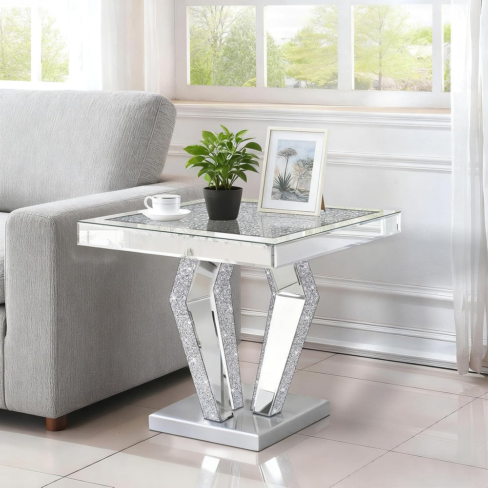 Silver Mirrored End Table with Crystal Inlay, Modern Side Table Accent Table,...