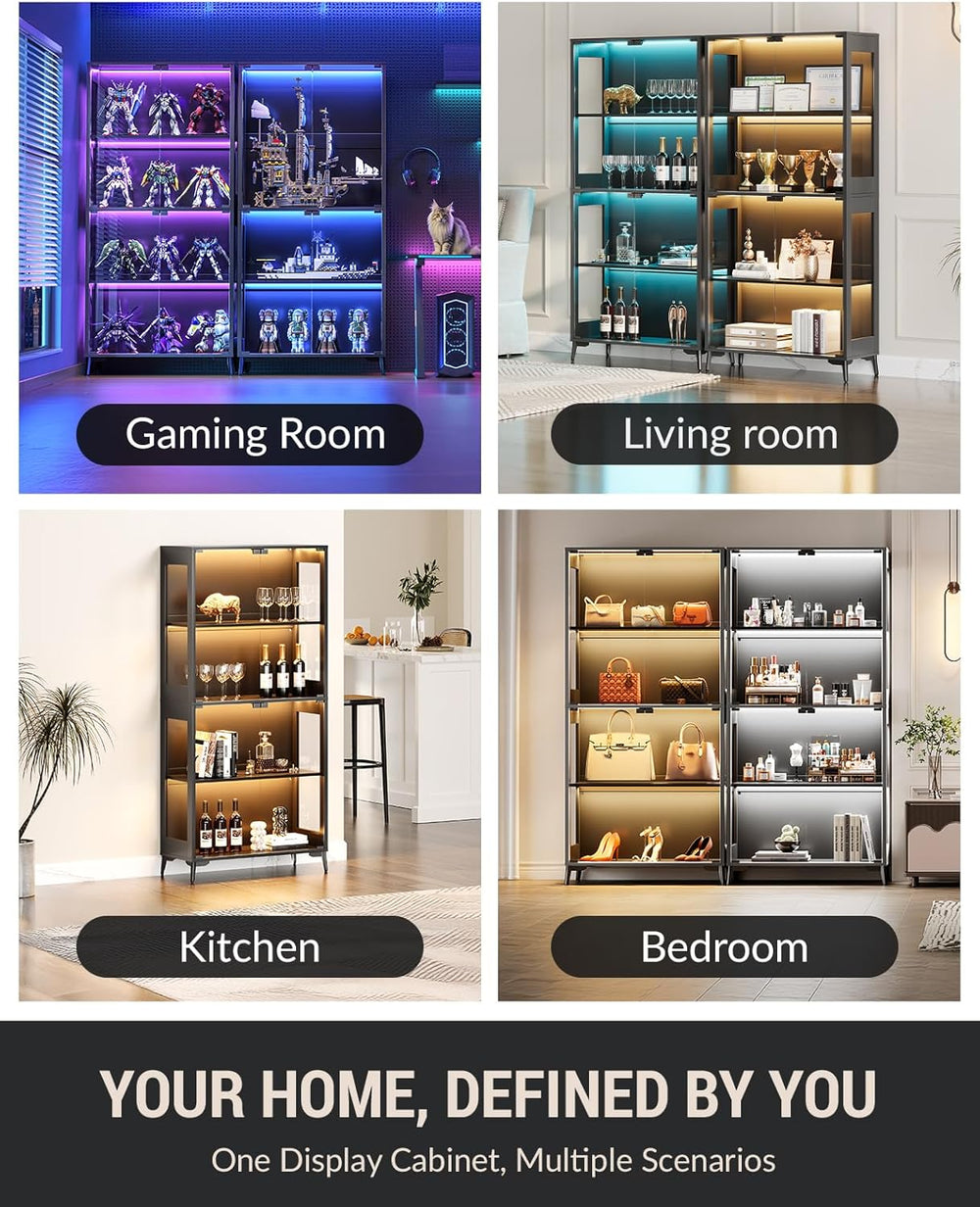 Glass Display Cabinet with Doors, 4-Tier Display Case with Adjustable Shelves...