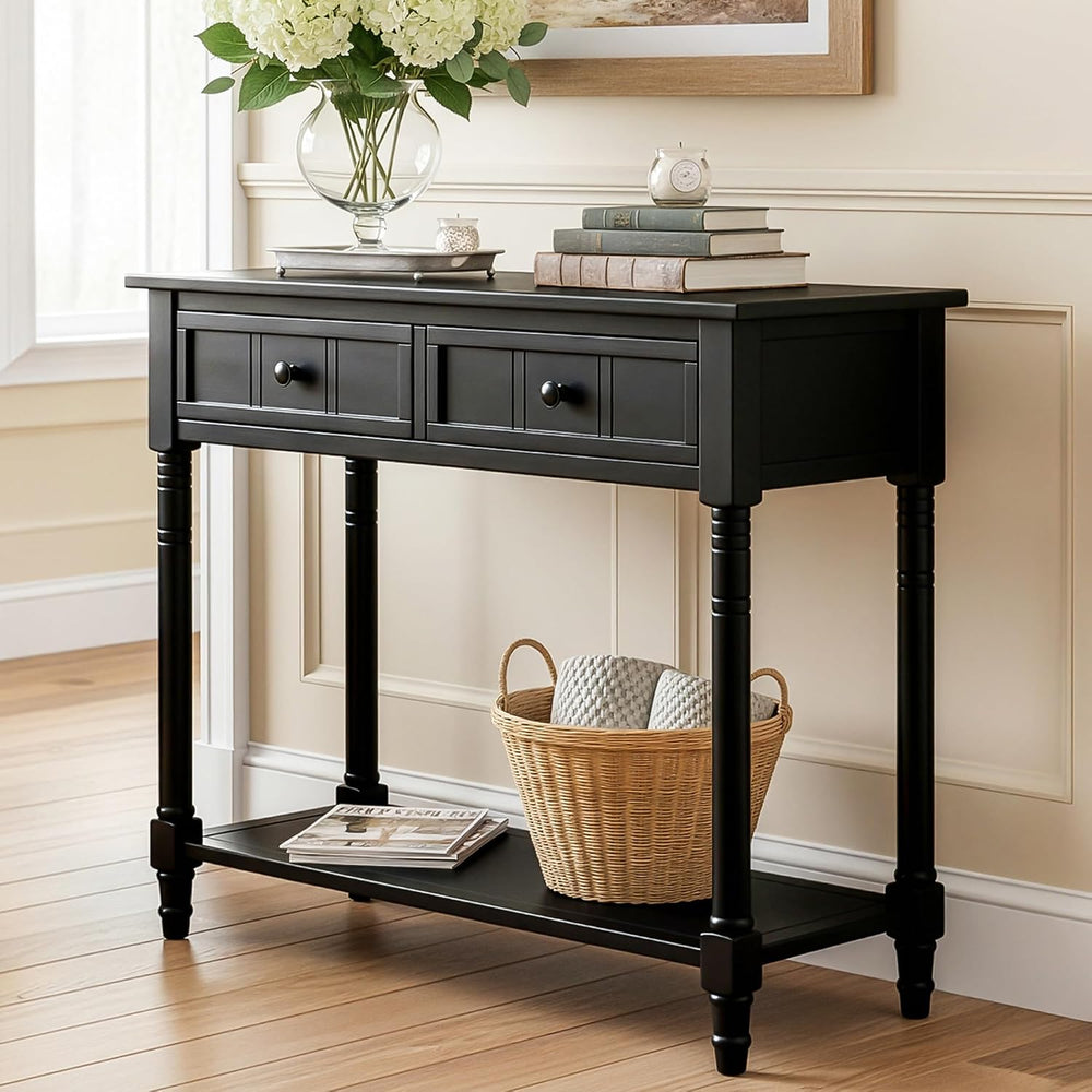 P PURLOVE Console Table Sideboard Wooden Sofa Table with 2 Drawers and Bottom...