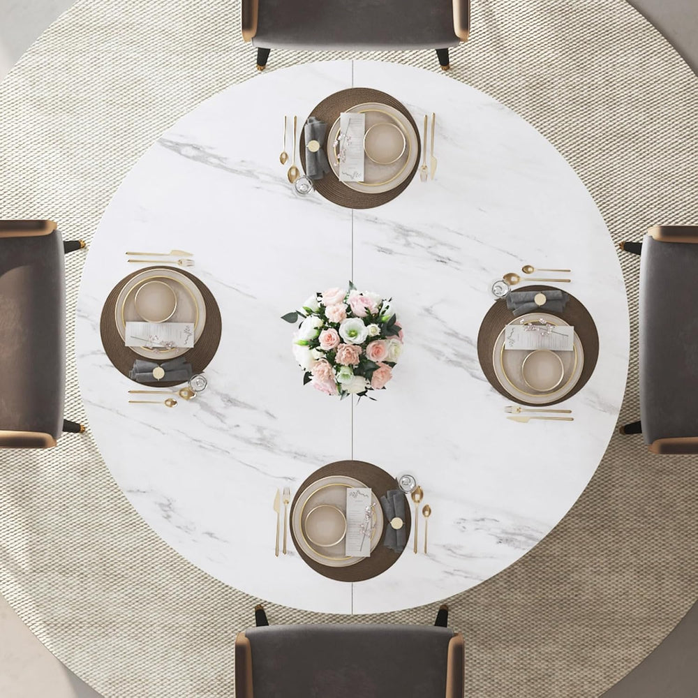 IBF 47" Round Dining Table with Storage, White Faux Marble Kitchen Table...