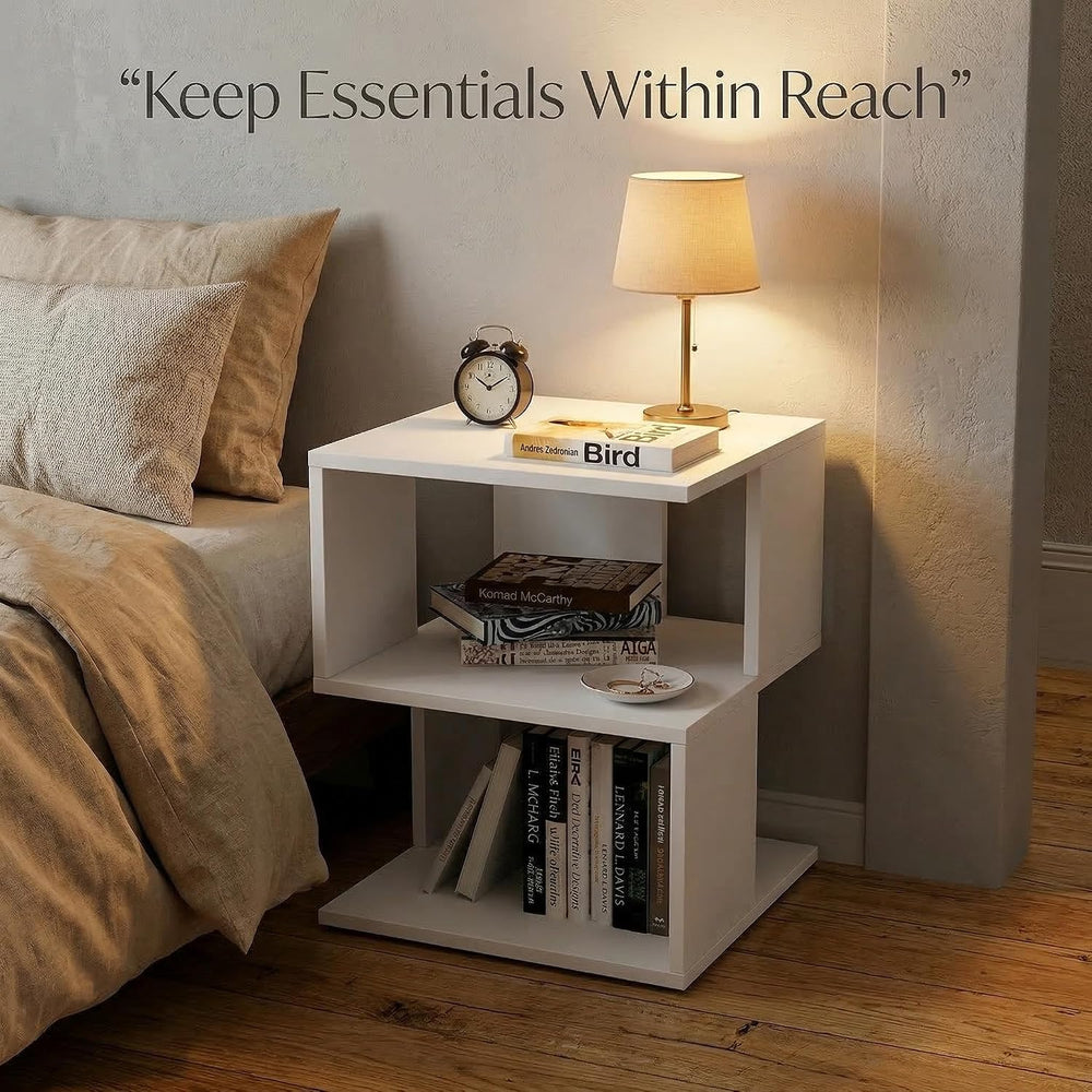 Small White Nightstand with Shelf, Modern Bedside Table, MDF Wood End Table f...