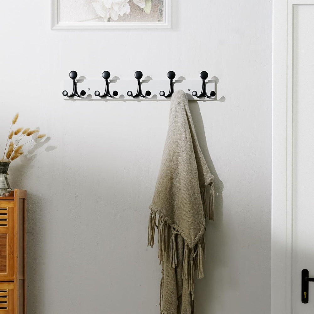 SKOLOO 24-Inch White Wood Coat Rack Wall Mount with 5 Triple Hooks - Ideal fo...