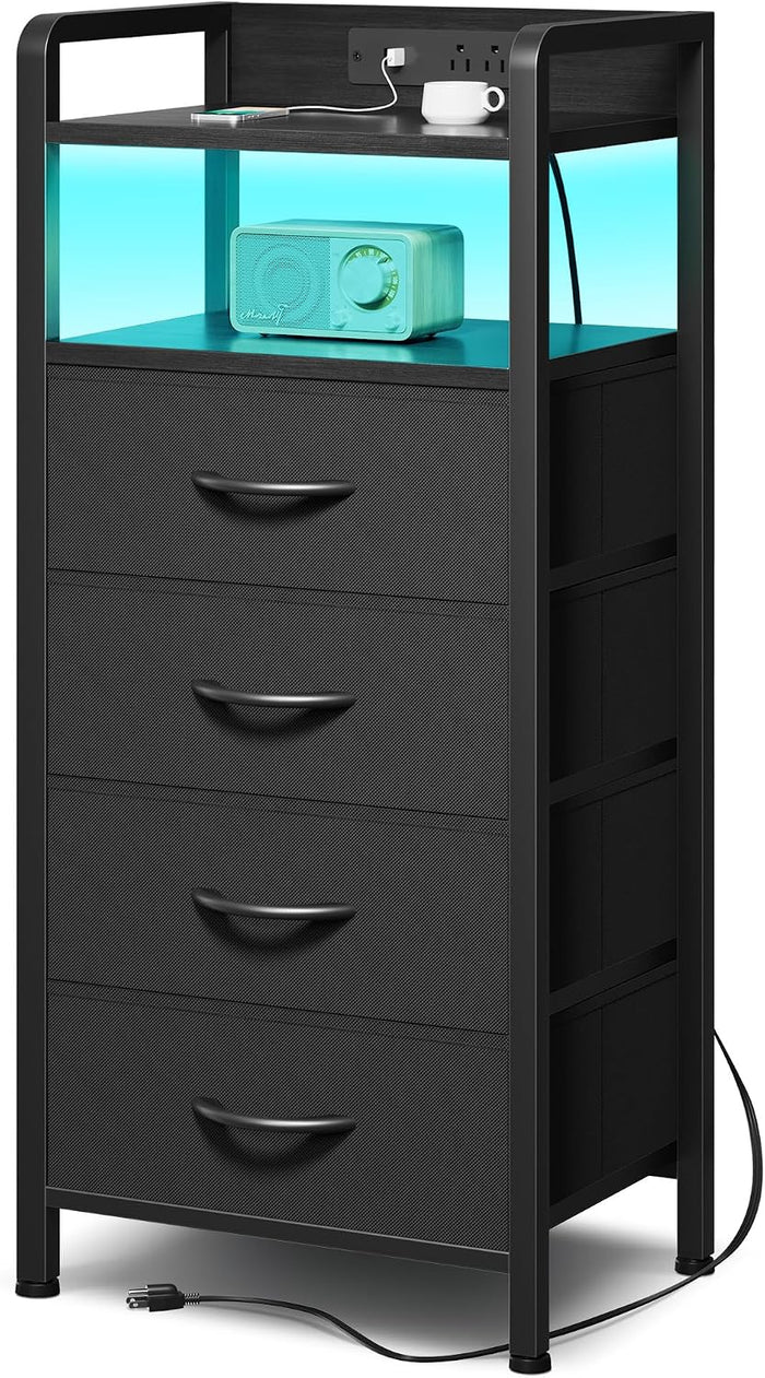 Lazzanto Nightstand with Rear Charging Station, LED Light, 4 Drawers, Black