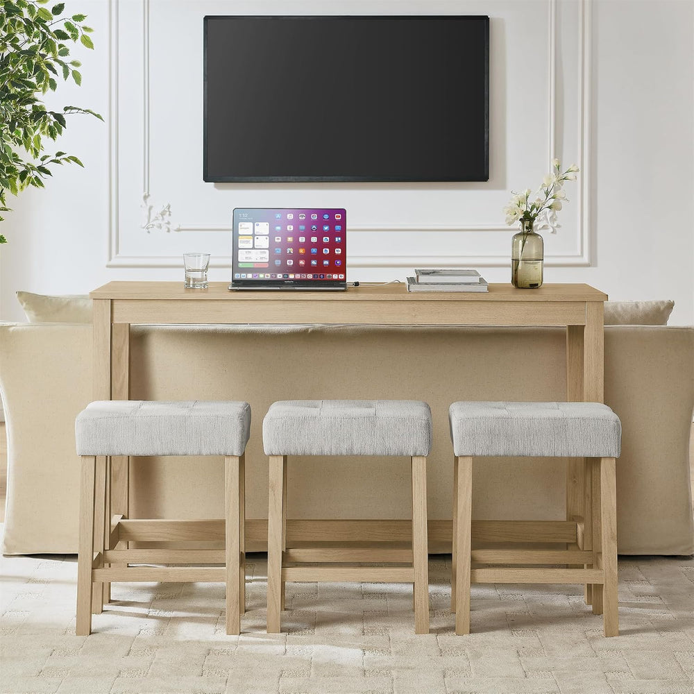 59" Bar Table Set with Power Outlet & 3 Upholstered Stools – 4-Piece...