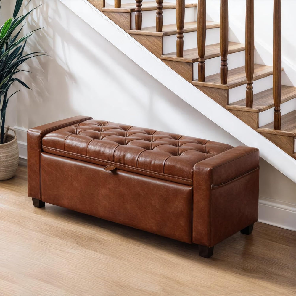 43.31'' Storage Ottoman Bench, Leather Upholstered Tufted Bedroom Ben...