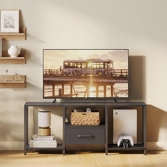 TV Stand with Fabric Drawer for 55 Inch TV, Entertainment Center with Open Sh...
