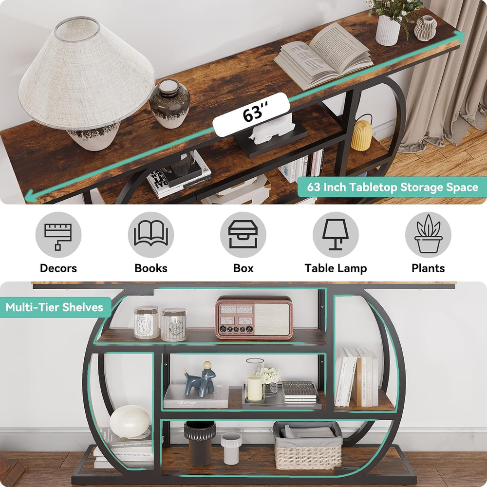 63" Narrow Console Table with Storage, 4-Tier Sofa Table Behind Couch, I...